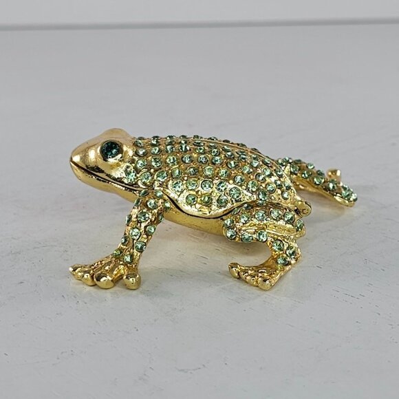 Gold Tone Frog Trinket Box Green Rhinestones Hinged Lid Small Jewelry Storage - Picture 2 of 6